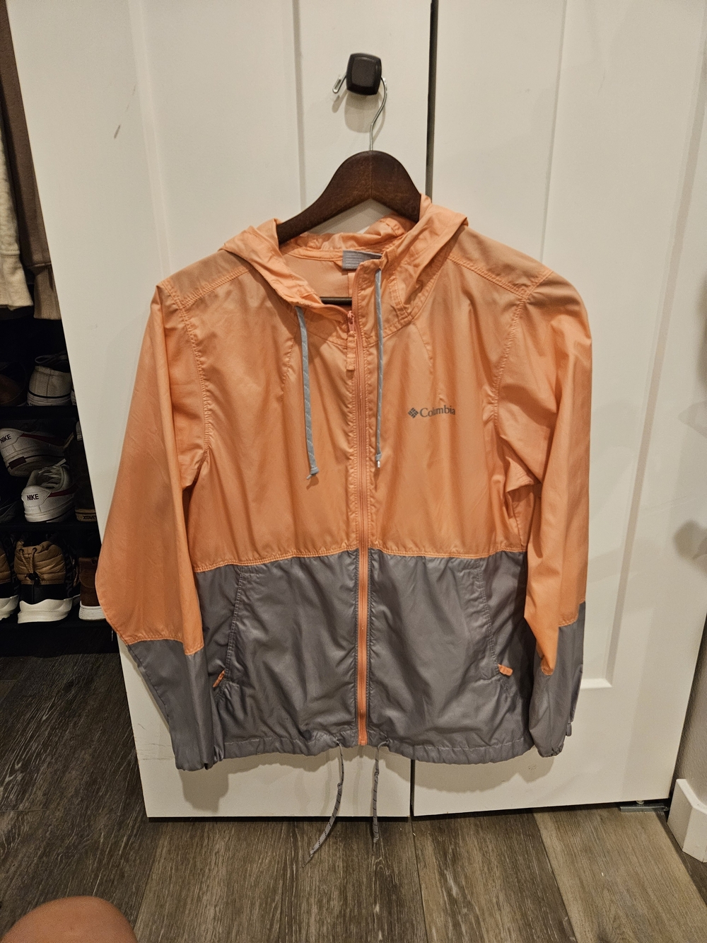 Columbia Peach and Gray Hooded Rain Jacket
